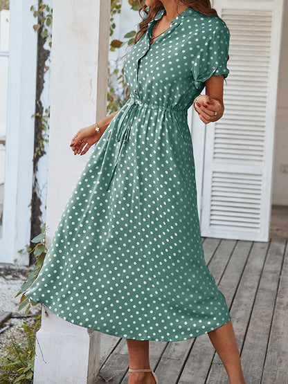 A-Line High Waisted Buttoned Drawstring Polka-Dot V-Neck Midi Dresses