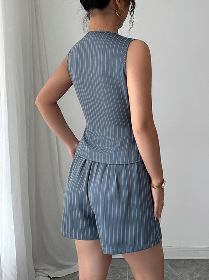 Sleeveless Buttoned Striped V-Neck Vest Top + Pleated Pockets Shorts Bottom Two Pieces Set