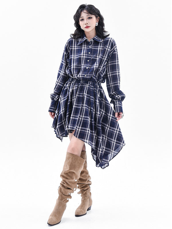 High-Low Irregularity Elasticity Plaid Lapel Collar Midi Dresses