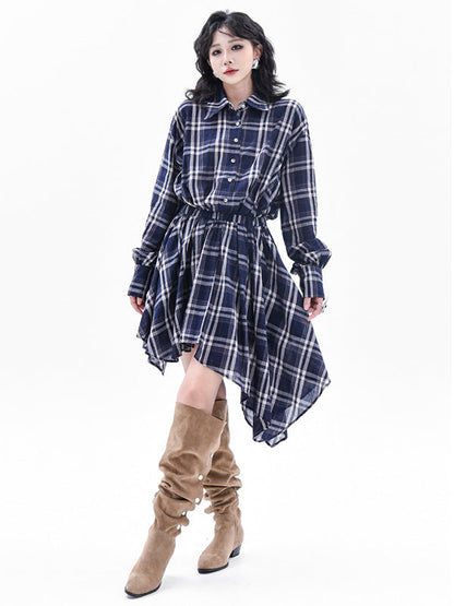 High-Low Irregularity Elasticity Plaid Lapel Collar Midi Dresses