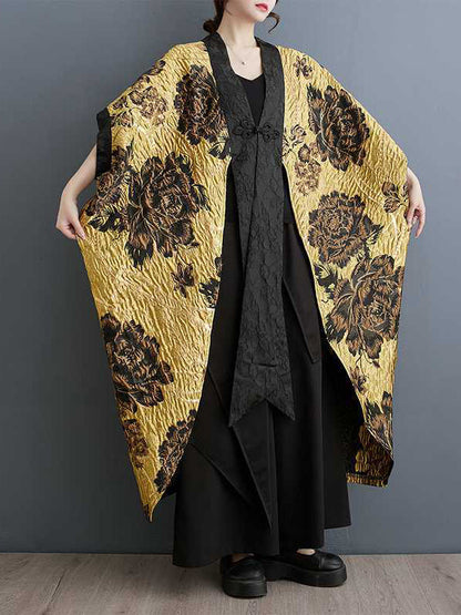 Batwing Sleeves Loose Flower-Embellished Chinese Frog Buttons Pleated Split-Joint V-Neck Outerwear