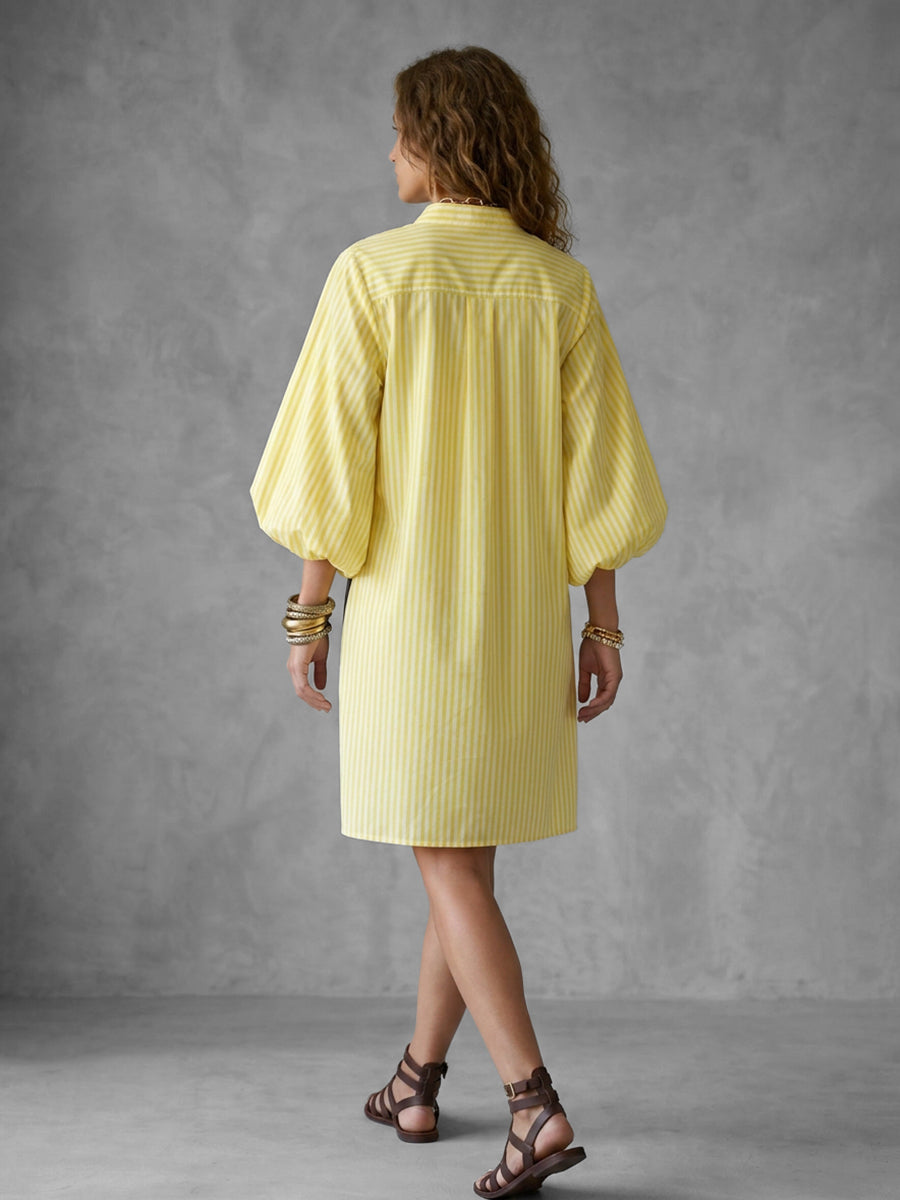 High-Low Long Sleeves Asymmetric Buttoned Contrast Color Printed Split-Joint Striped Lapel Mini Dresses Shirt Dress