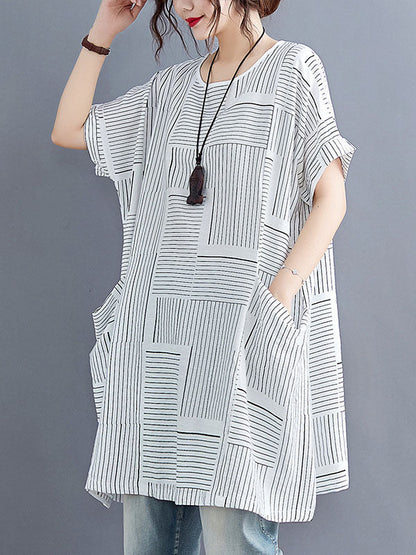 Loose Short Sleeves Striped Round-Neck T-Shirts