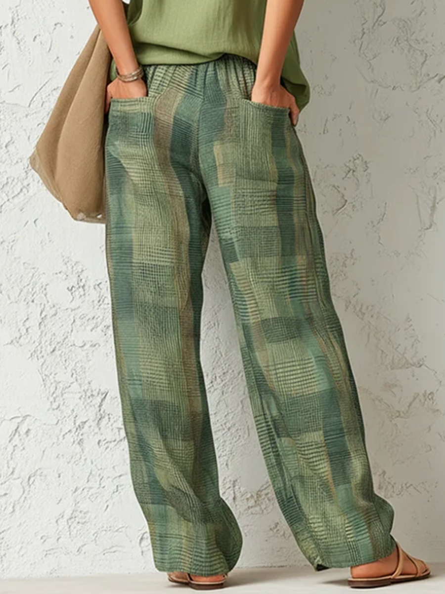 High Waisted Loose Contrast Color Plaid Pockets Pants Trousers