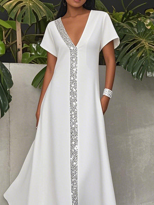 A-Line Loose Pockets Shiny Solid Color V-Neck Maxi Dresses