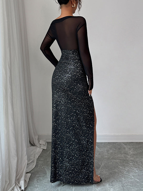 Bodycon High Waisted Shiny Split-Joint Split-Side One-Shoulder Maxi Dresses