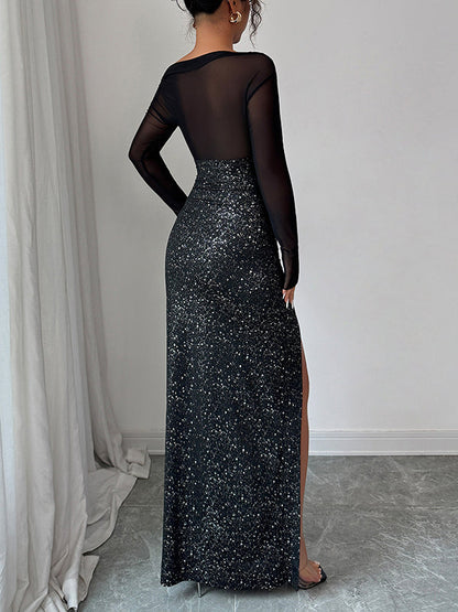 Bodycon High Waisted Shiny Split-Joint Split-Side One-Shoulder Maxi Dresses