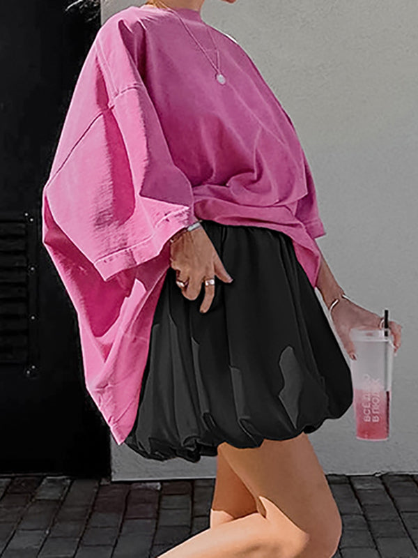 Jupe trapèze ample plissée de couleur unie à fentes 