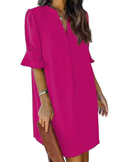 A-Line Flared Sleeves Pleated Ruffled Solid Color Split-Joint V-Neck Mini Dresses