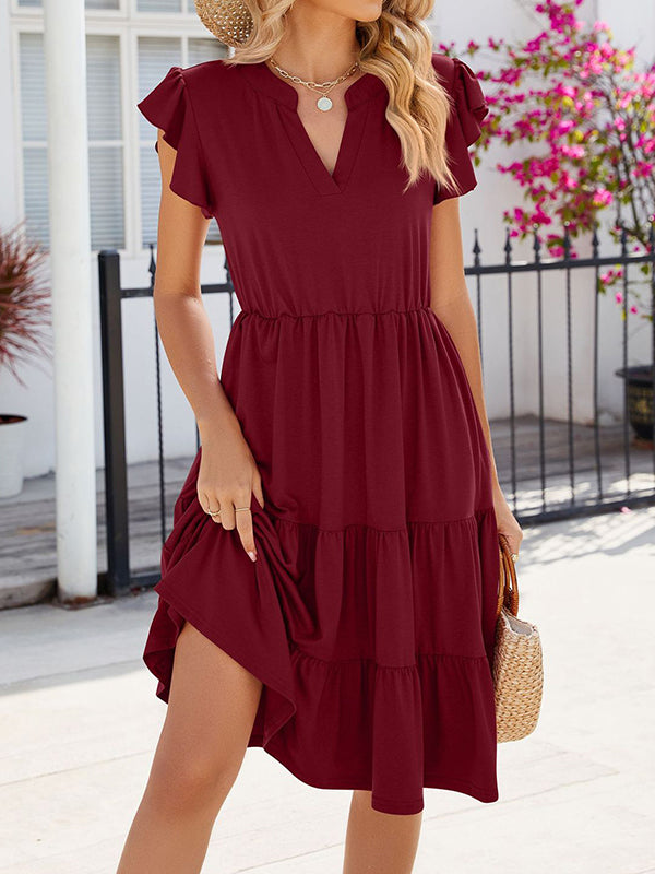 Loose Ruffle Sleeves Pleated Pockets Solid Color Split-Joint V-Neck Midi Dresses