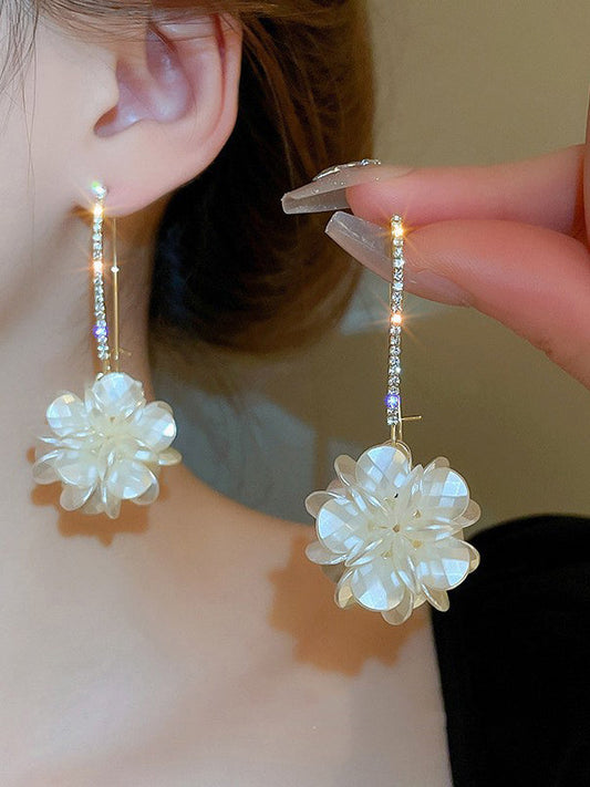 Flower Shape Rhine Stones Drop Earrings WHITE One_size