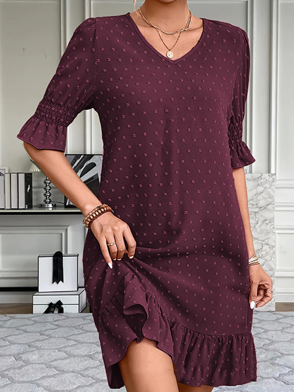 A-Line Flared Sleeves Elasticity Jacquard Pleated Solid Color Split-Joint V-Neck Mini Dresses