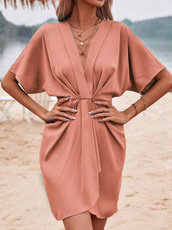 Loose Raglan Sleeve Pleated Solid Color Split-Joint Deep V-Neck Mini Dresses