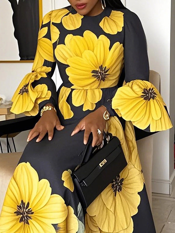 Flared Sleeves Long Sleeves Contrast Color Flower Print Round-Neck Maxi Dresses