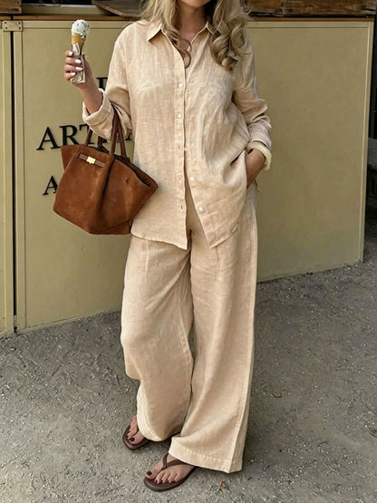Solid Color Pockets Buttoned Plus Size Loose Lapel Two Pieces Set Trousers Pants Blouses&shirts Tops