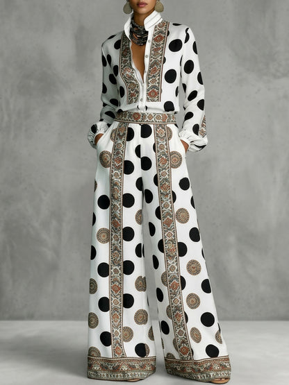 High Waisted Wide Leg Contrast Color Elasticity Pockets Polka Dot Printed Pants Trousers