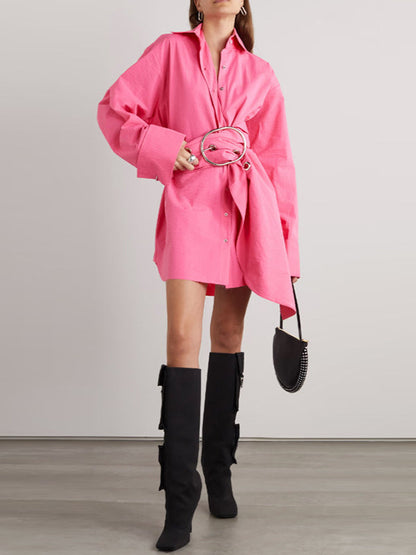Long Sleeves Loose Belted Buttoned Lapel Mini Dresses Shirt Dress