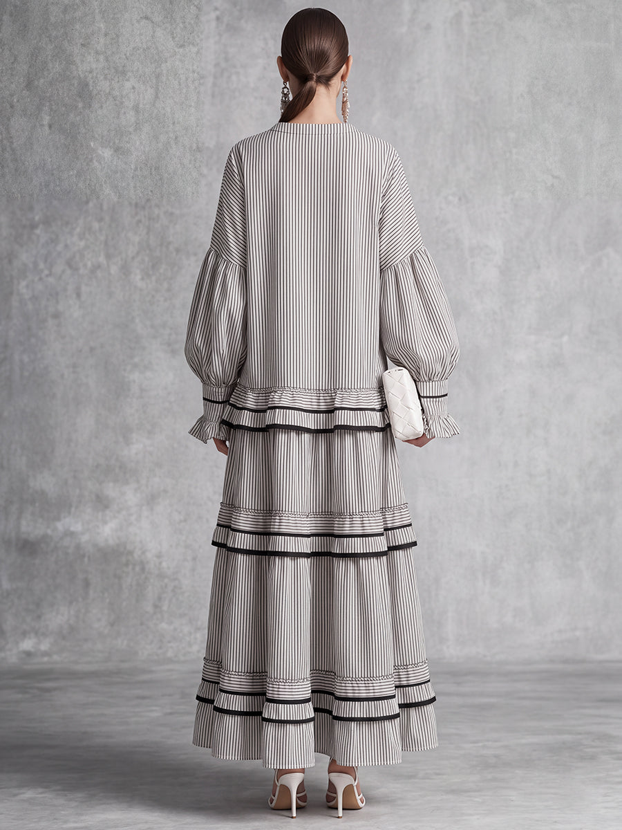 Tied Striped Split-Joint Ruffled Contrast Color Puff Sleeves Plus Size Round-neck Maxi Dresses