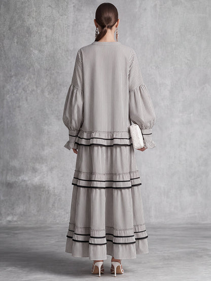 Tied Striped Split-Joint Ruffled Contrast Color Puff Sleeves Plus Size Round-neck Maxi Dresses
