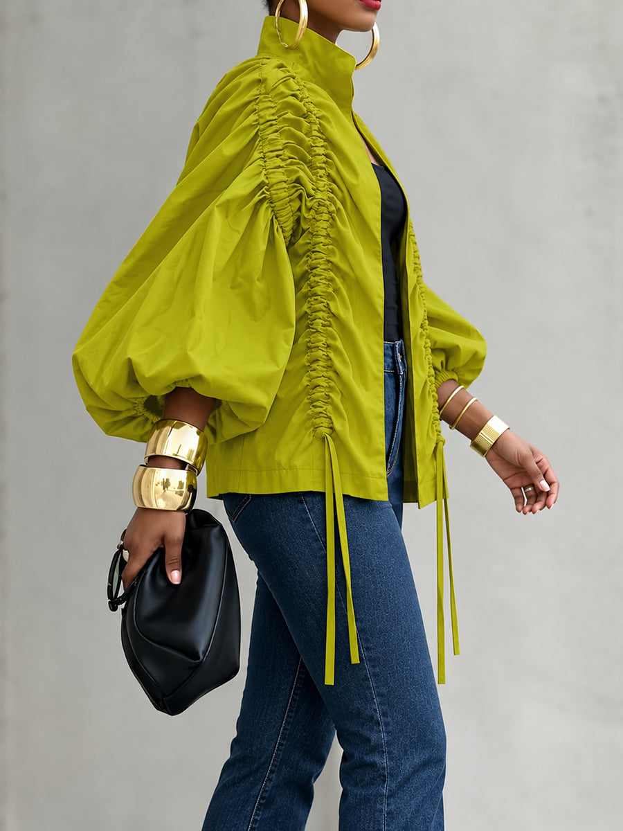 Split-Joint Solid Color Pleated Elasticity Drawstring Three-quarter Sleeves Puff Sleeves Stand Collar Outerwear