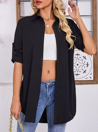 Long Sleeves Loose See-Through Solid Color Split-Joint Lapel Blouses