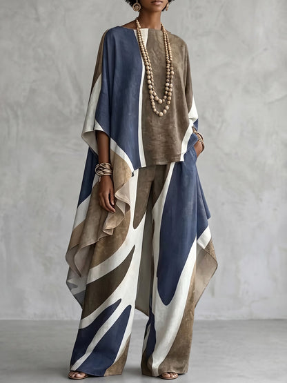 Contrast Color Asymmetric Three-quarter Sleeves Loose Boat Neck Blouses&shirts Tops