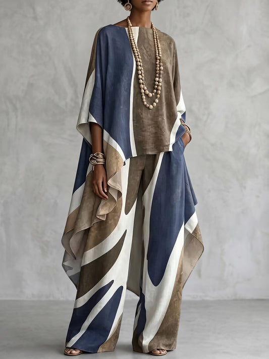 Contrast Color Asymmetric Three-quarter Sleeves Loose Boat Neck Blouses&shirts Tops