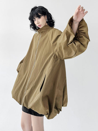 A-Line Long Sleeves Buttoned Solid Color Zipper Stand Collar Outerwear Windbreakers