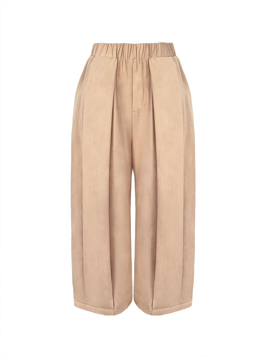 Solid Color Pockets Pleated Wide Leg Loose Pants