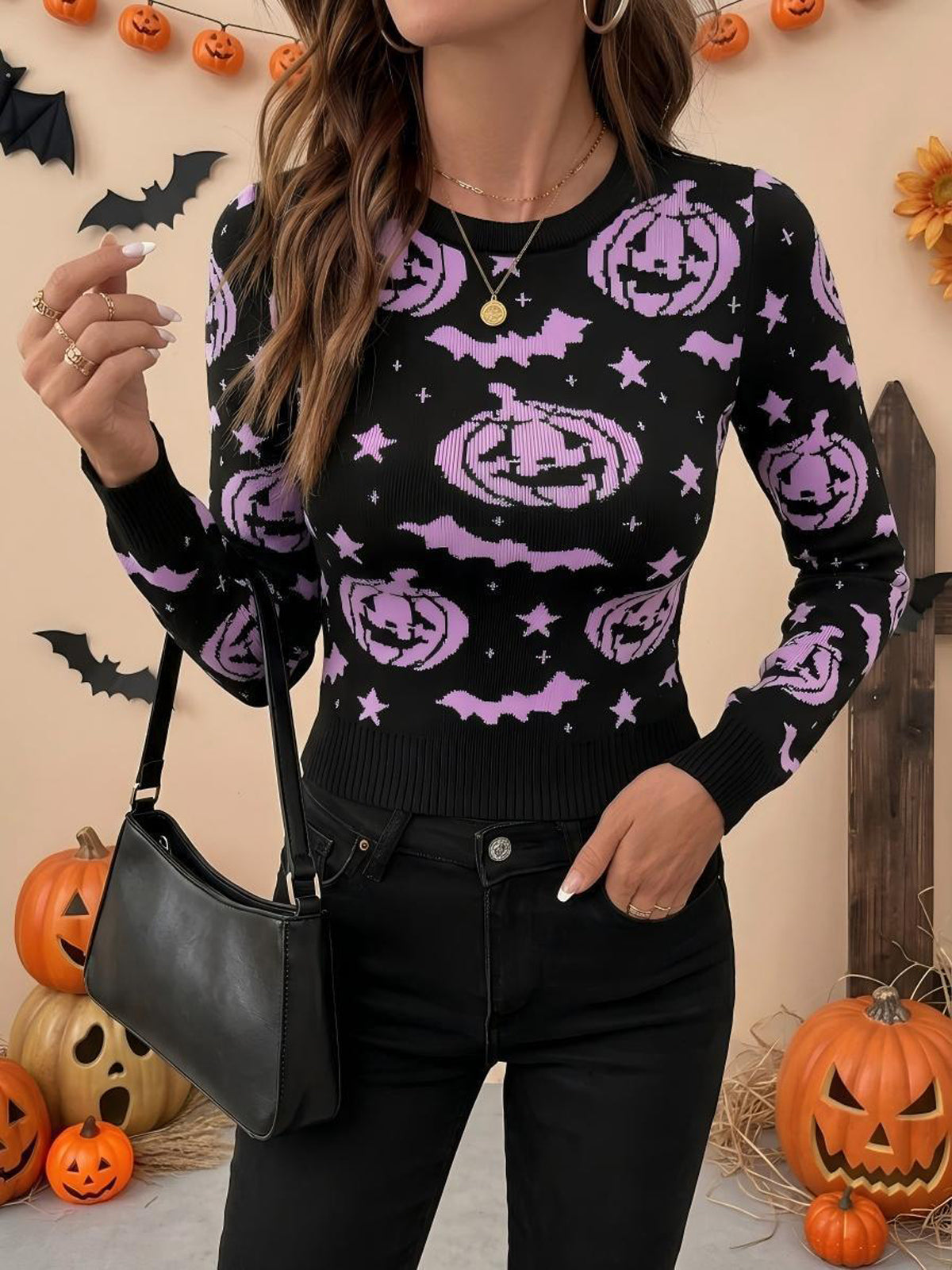 Printed Long Sleeves Round-neck Sweater Tops Pullovers