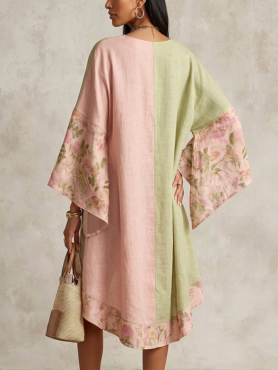 Split-Joint Flower Print Contrast Color Three-quarter Sleeves Loose V-neck Midi Dresses