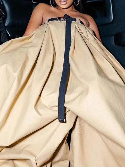 Loose Sleeveless Belted Pleated Pockets Solid Color Tube Jumpsuits