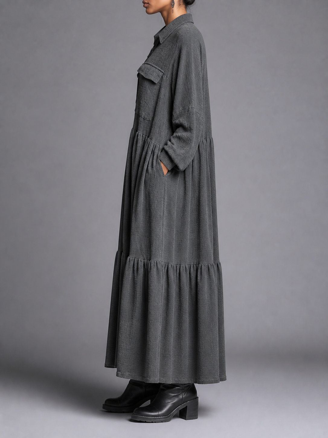 Split-Joint Solid Color Pockets Buttoned Loose Long Sleeves Lapel Maxi Dresses