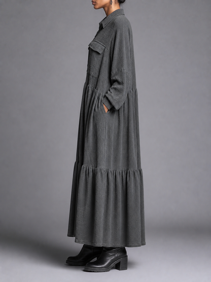 Split-Joint Solid Color Pockets Buttoned Loose Long Sleeves Lapel Maxi Dresses