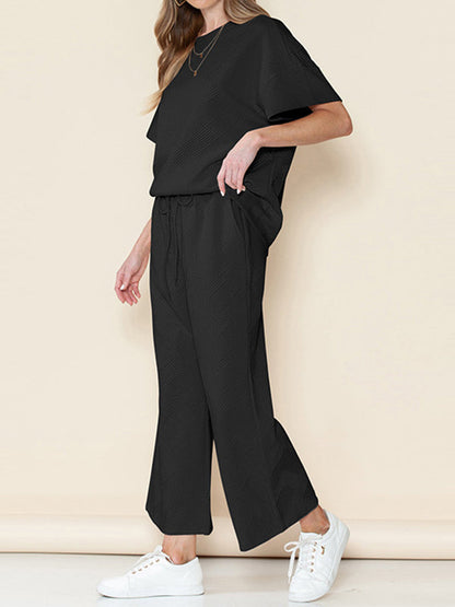 Loose Short Sleeves Solid Color Round-Neck T-Shirt Top + Drawstring Elasticity Pockets Pants Botttom Two Pieces Set