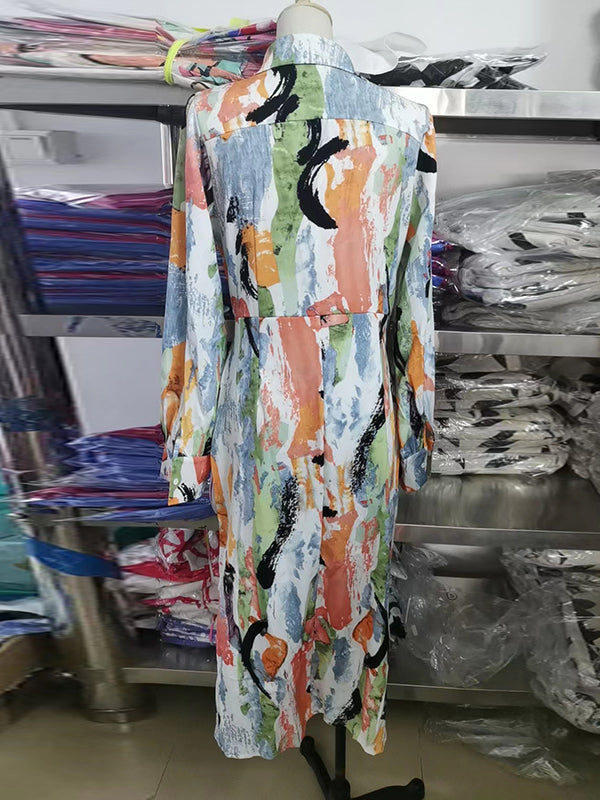 High Waisted Long Sleeves Asymmetric Pleated Printed Split-Joint Deep V-Neck Midi Dresses