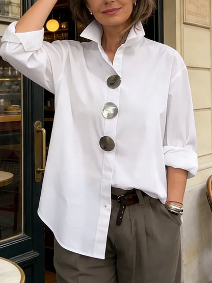 Long Sleeves Loose Buttoned Solid Color Split-Joint Lapel Blouses&Shirts Tops