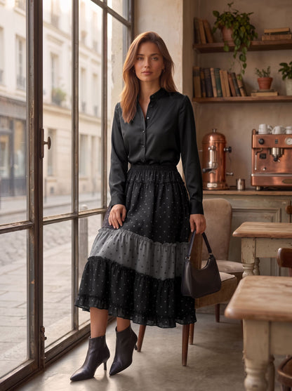 Split-Joint Ruffle Trim Polka-Dot Elasticity Contrast Color Loose A-line Skirts