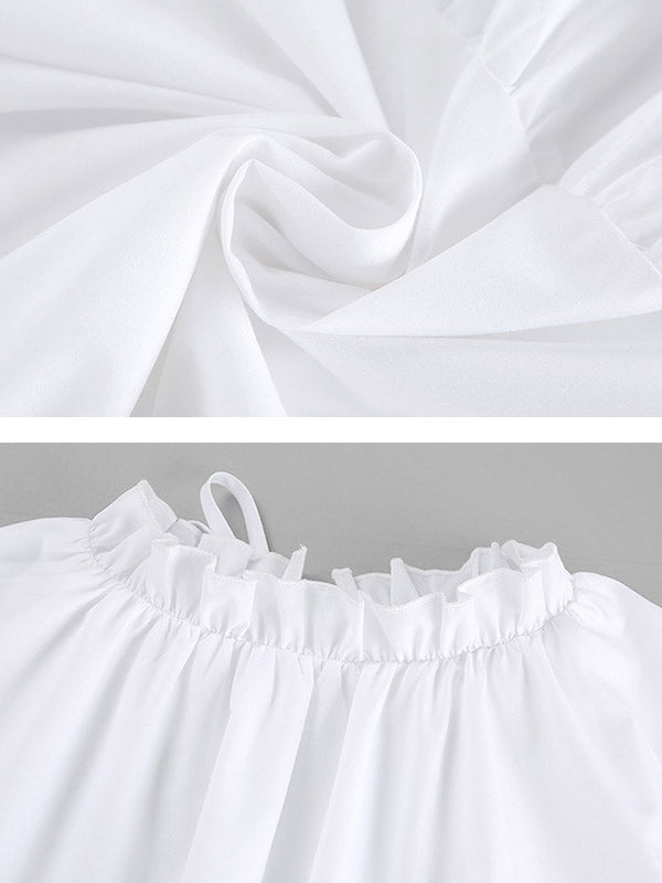 A-Line Loose Pleated Ruffled Solid Color Split-Joint Round-Neck Mini Dresses Shirt Dress