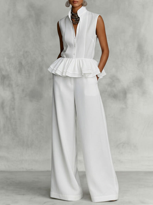 Sleeveless Stand Collar Buttoned Ruffled Peplum Blouses&Shirts Tops + Wide Leg Pockets Casual Pants Bottoms Two Pieces Set