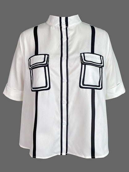 A-line Half Sleeves Buttoned Contrast Color Pockets Mock Neck Blouses&shirts Tops