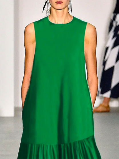 Robe longue trapèze ample à col rond et fentes de couleur unie 