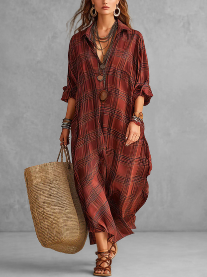 Long Sleeves Loose Buttoned Contrast Color Plaid Lapel Maxi Dresses