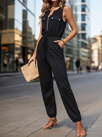 Sleeveless Solid Color Zipper V-Neck Jumpsuits
