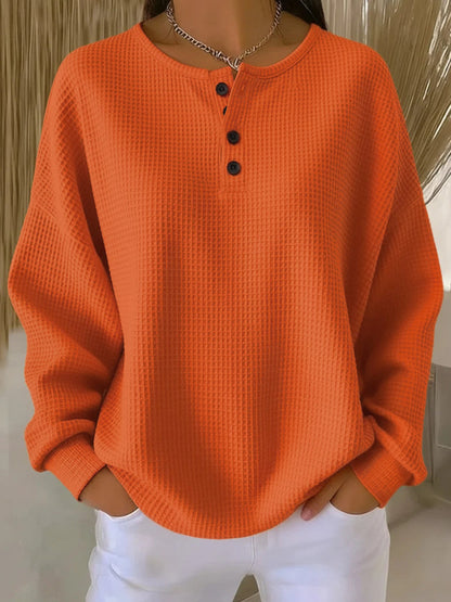 Solid Color Buttoned Plus Size Loose Round-neck Sweatshirt Tops