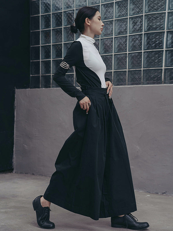 T-shirts urbains skinny à manches longues et col montant asymétriques contrastés 