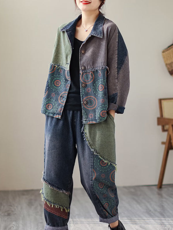 Contrast Color Fringed Split-Joint Long Sleeves Printed Outwear + Harem Pants  Two Pieces Set