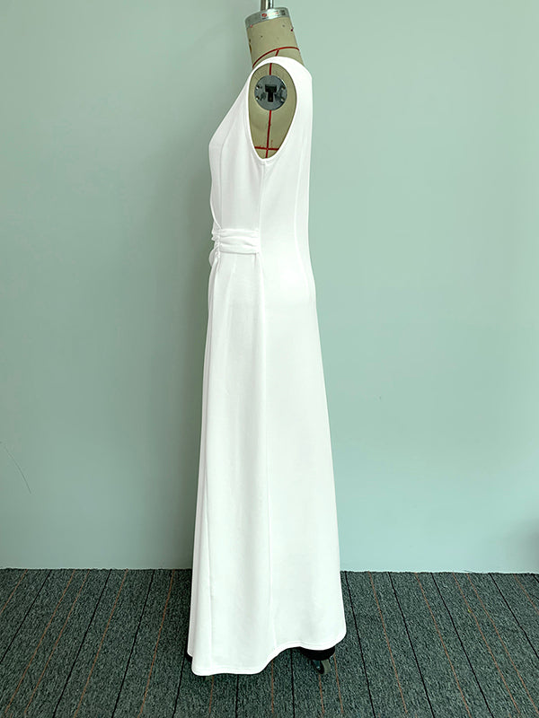 Sleeveless Gauze Pleated Solid Color Split-Joint Round-Neck Evening Dresses Maxi Dresses