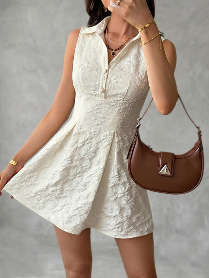A-Line High Waisted Buttoned Jacquard Pleated Solid Color Lapel Mini Dresses