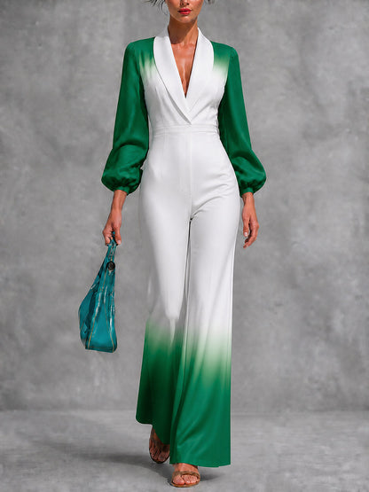 Zipper Pleated Gradient Puff Sleeves Long Sleeves V-neck Jumpsuits